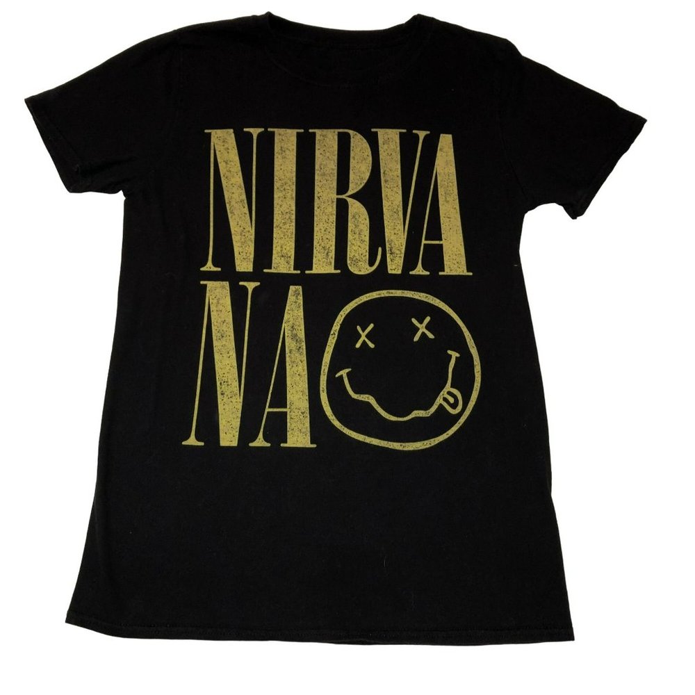 Nirvana Black T-Shirt Sz S Short Sleeve Grunge Rock Happy Face Large Logo Cotton